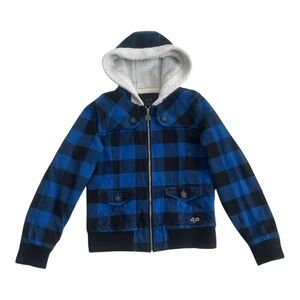Fox Girls Racing Jacket Blue Buffalo Plaid Full Zip Sherpa Lined Hood XL
